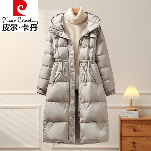 Pierre Cardin 2025 Winter New Down Jacket Women's Korean Style Belted Mid-Length Long Over the Knee Hooded Waist White Duck Down Warmth Beige S Recommended 80-125 Jin Jin equals 0.5 kg
