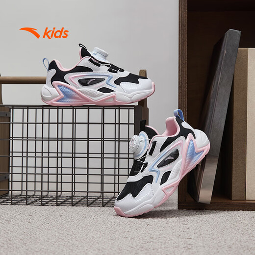 Zapatillas para niñas de anta para niños 2024 botón de mando de cuero de malla de otoño e invierno de otoño e invierno más zapatos de algodón de terciopelo [para niños regulares] negro/blanco/azul/rosa 9904-1 33 tamaños
