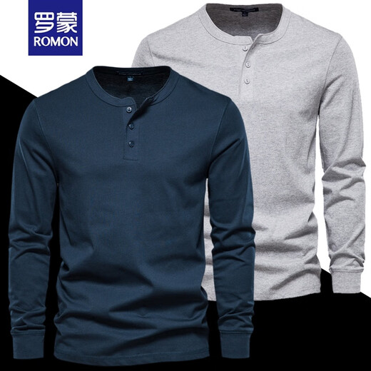 ROMON brand new heavyweight T-shirt Henley shirt men's open collar long-sleeved American khaki American cotton slim fit top dark gray L 145-160Jin Jin equals 0.5 kg