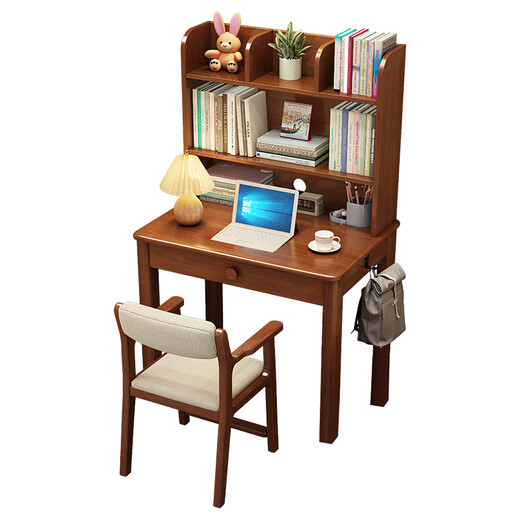 Clothmaker Clothmaker furniture solid wood small desk bookshelf integrated single computer desktop table small apartment student bedside study table 90cm long walnut color desk 90*60*75cm bookshelf version