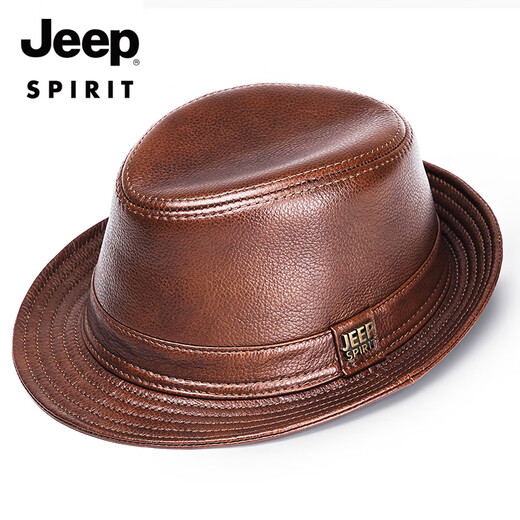 JEEP SPIRIT genuine leather top hat men's retro casual British jazz hat middle-aged and elderly father's hat cowhide beach hat old man hat dark brown medium size XL (57-58cm) adjustable