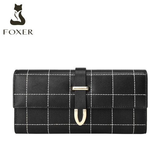 Golden Fox (FOXER) long wallet women's cowhide fashion versatile car line rhombus large capacity coin purse women's clutch women's wallet black