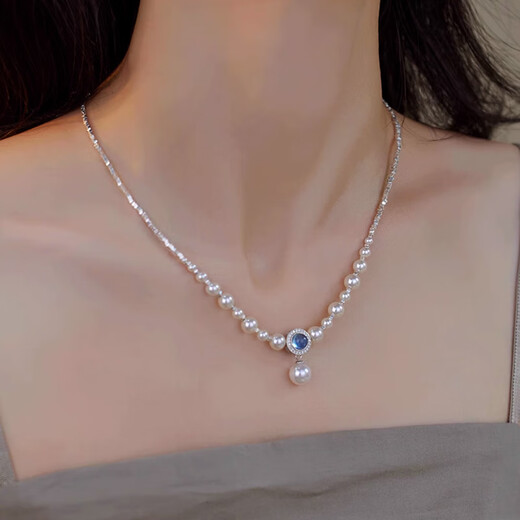 JALLOO Shijia Pearl Necklace Young Women's High-end Light Luxury Pendant Jewelry Female Birthday Gift for Girlfriend Broken Silver Shijia Beads Pearl Aquamarine Necklace