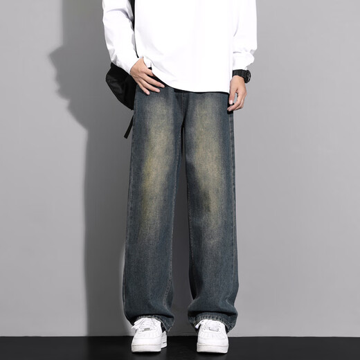 MAYBEYOND jeans men's American fashion brand high street workwear straight pants loose casual wide leg pants MA46 blue XL