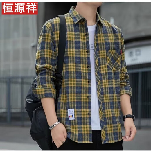 恒源祥格子休闲衬衫男士春秋季长袖衬衣韩式上衣服复古宽松夏季薄款外套 K12111米蓝色+K12108白色 M 90110斤