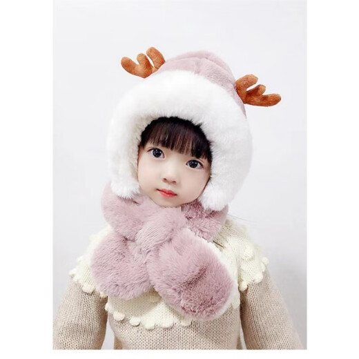 Xinzhi children's hat scarf all in one cute antler hat autumn and winter plus velvet thickening to keep warm boys and girls ear protection hat cartoon off-white one size fits all