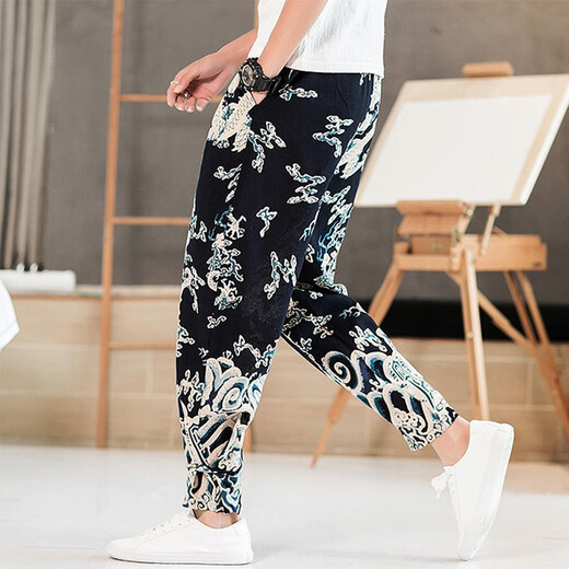 Sr. Guan Estilo chino Lino impreso Lo suelto Harem Harem Harem Retro Algodón Retro Algodón Summer Estilo delgado Mascas informales Long 319 Borgoña XL