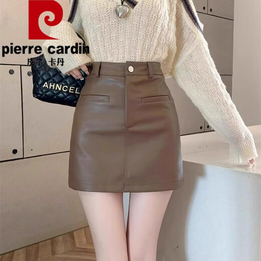 Pierre Cardin small fragrant style pu small leather skirt for women autumn and winter style fat m girl high waist slim versatile skirt a line hip-covering short skirt coffee color XL recommended 115-125Jin Jin is equal to 0.5 kg
