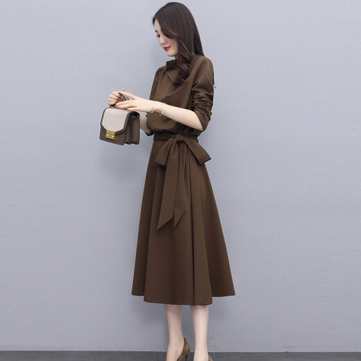 Chu Xin 2025 spring and autumn new women's fashionable temperament slim and slim women's long-sleeved dress bottoming skirt coffee color L (118-130Jin Jin equals 0.5 kg)