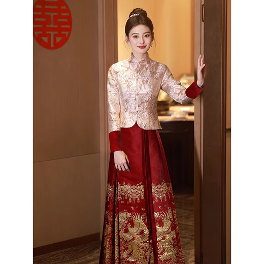 Li Baixin new Chinese style horse-faced skirt toasting suit 2025 new bridal suit cheongsam outing banquet wedding suit red engagement dress burgundy M recommended 90-100Jin Jin equals 0.5 kg