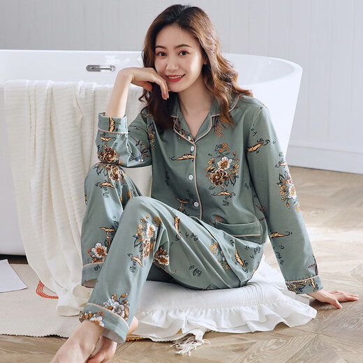 莫代尔睡衣女春秋100%纯棉长袖秋季全棉中年妈妈女士秋冬款家居服套装 9216#暮光绿 M 【建议80-100斤】