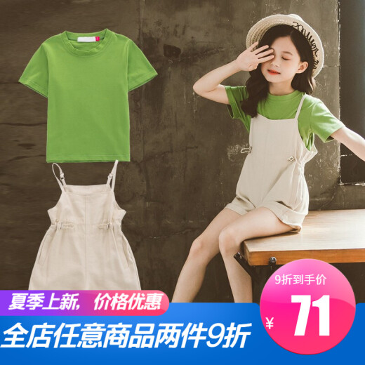 Hey Bear Children's Clothing Girls Suits Girls Dress Girls Summer Clothes New Products Medium and Large Children's Suits New Korean Style Striped T-shirt Overalls Suit Half Sleeve T Overalls Shorts Suit X-095 Green Size 140 Recommended Height 130cm