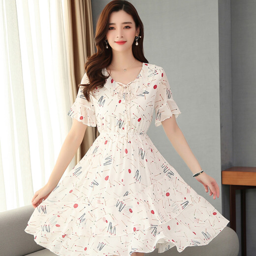 JOYOFJOY summer women's floral chiffon dress female Korean style mid-length waist slim bell sleeve small fresh skirt JWQZ203562 white floral L