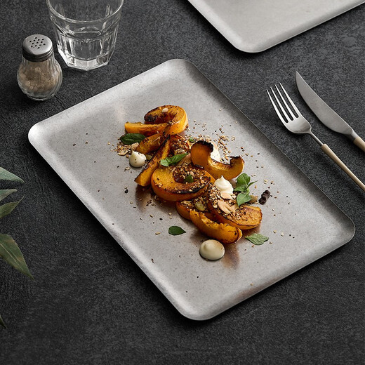 ZEROKY CLAN stainless steel rectangular plate Western food plate commercial dish plate cake bread fried chicken plate dinner plate fast food dry vegetable tray 12-inch stainless steel rectangular tray