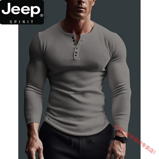 JEEP SPIRIT Hard Guy européen et américain Ami kaki T-shirt américain rétro lourd col Henry chemise de base courte à manches longues pour hommes gris foncé L
