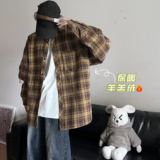 Shelley Jones港风chic格子衬衫男生长袖日系原宿风复古潮牌宽松百搭衬衣送男友 C9732藏青格加绒 L [建议110-130斤]