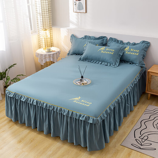 Yun color pure cotton bedspread bed skirt style bed set sheet set 1.5 meters 1.8 Simmons dustproof protective cover pure cotton non-slip bed sheet blue 150x200cm bed skirt + pillowcase 2 pieces