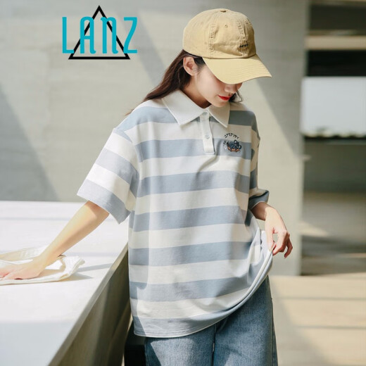 Lan Ye embroidered polo shirt girl's top summer new Korean style small fresh striped short-sleeved T-shirt female students loose cute blue one size