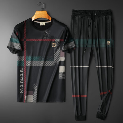 Knight Yifan men's T-shirt suit summer new fashion European station trendy brand high-end embroidery trend micro-elastic short-sleeved pants two-piece set for young and middle-aged slim casual sportswear large size men's black TZ7001M [100-120Jin [Jin equals 0.5 kg]]