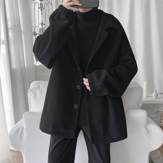 Shelley Jones woolen coat men's autumn and winter ins Hong Kong style coat trendy casual handsome tops short windbreaker men's N2070 black cotton XL (recommended 130-150Jin Jin equals 0.5 kg)
