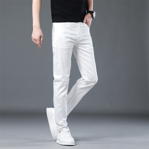 Luo Meng three-proof high-end white jeans men's trendy brand slim fit small feet 2024 summer thin stretch casual long pants 0611 white regular size 32