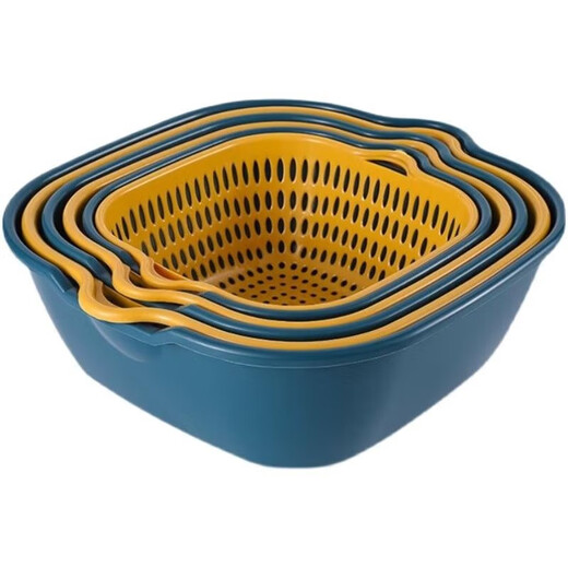 Chunshao vegetable sink kitchen drain basket washing vegetable basin vegetable basket multi-functional fruit plate vegetable basket thickened drain basket 2-piece set large blue and yellow two-color
