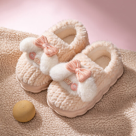 Made in Tokyo, children's cotton slippers with wrapped feet for boys and girls, plush bow-knot heel, winter warm cotton slippers, off-white 30-31