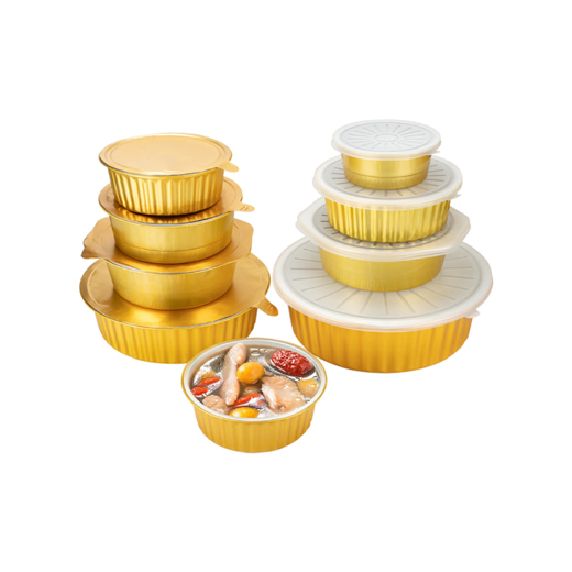 Jia Xiaoyou 2024 New Disposable Insulated Lunch Box Aluminum Foil Lunch Box Trumpet Flower Disposable Gold Tin Paper Box BBQ Round Aluminum 600 Gold Round Aluminum Foil Box with PP. Cover 10 pieces