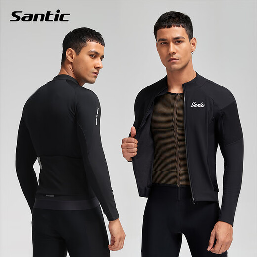 Santic autumn and winter windproof cycling clothing road bicycle fleece warm cycling top jacket for men ink dust black XL