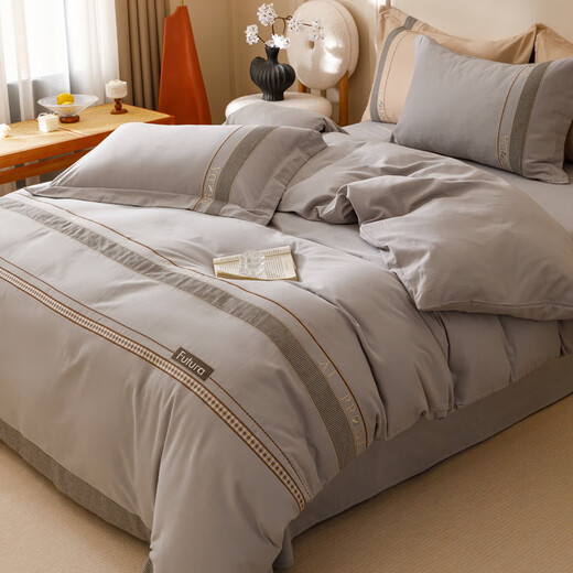 Mercury series home textiles Class A pure cotton thickened four-piece set 100 cotton brushed houndstooth embroidered quilt cover high-end bedding Hot style Class A pure cotton thickened/houndstooth-khaki gray 1.8 bed style four-piece set-quilt cover 200x230