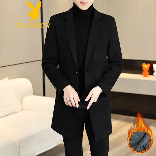 Playboy (PLAYBOY) woolen men's mid-length cashmere windbreaker autumn and winter coat men's business casual woolen high-end coat men black suit collar M