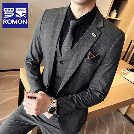 罗蒙（ROMON）西服套装男士三件套痞帅修身西装男商务职业正装伴郎结婚礼服套装 9928黑色三件套(西服+西裤+马甲) XL