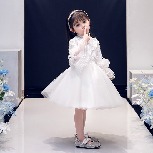 Xiaoka Yi Nong Girls' Dress Temperament Flower Girl Wedding Dress Little Girl Princess Dress Children's Piano Performance Clothes Winter Long Sleeve White F462 Lantern Sleeve (Spring and Summer Style) 130cm