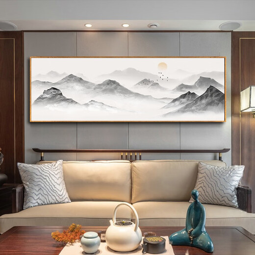 Zilang living room decorative painting sofa background wall ink Zen landscape painting wall hanging painting tea room office calligraphy and painting mural 04-with backing 50*150CM wood grain yellow frame + canvas SF Express