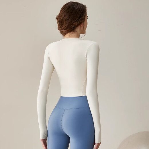 Yuebu yoga clothing women's top with chest pad sports fitness clothing Pilates training set 2025 spring new long sleeve milk white L recommended 110-125Jin Jin equals 0.5 kg