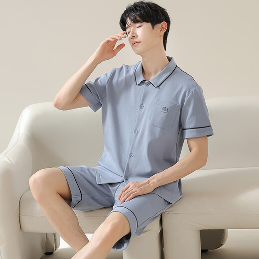 爱芬柔睡衣男士夏季纯棉短袖家居服青少年夏天休闲简约薄款外穿大码套装 12803JYR L 体重100-120斤