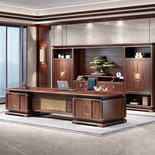 YARXCHEG new Chinese style desk boss desk bookcase set all solid wood ebony wood high-end general manager office executive desk 2.6 meters boss desk