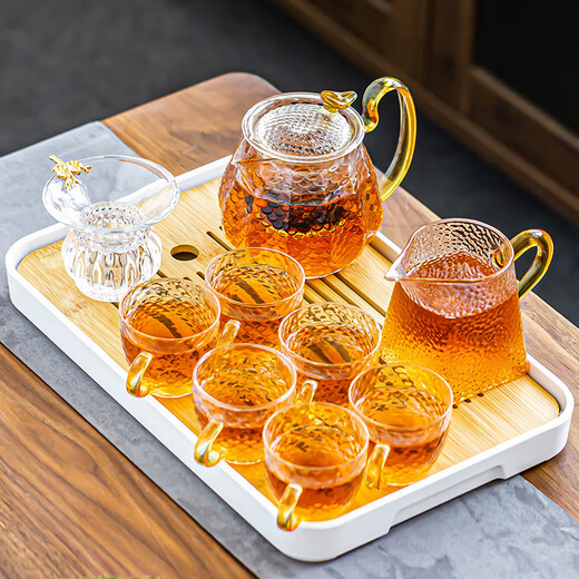 Porcelain brand tea set glass tea set household tea tray complete set with filter teapot thickened heat-resistant teapot tea cup large capacity
