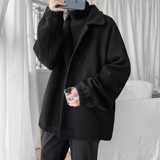 Shelley Jones woolen coat men's autumn and winter ins Hong Kong style coat trendy casual handsome tops short windbreaker men's N2070 black cotton XL (recommended 130-150Jin Jin equals 0.5 kg)