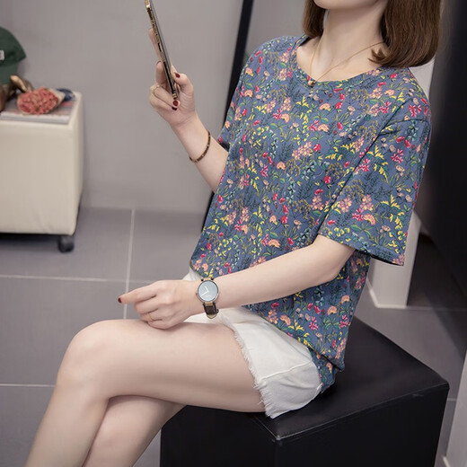 XUE FANXI (XUEFANXI) 2025 Sommersaison New Style Blumenstil kurzärmelig T-Shirt Frauen lose halbärmelige T-Shirt-Baumwollmantel-Top 9731 Grau 3xl empfohlen 155-175jin [Jin gleich 0,5 kg]