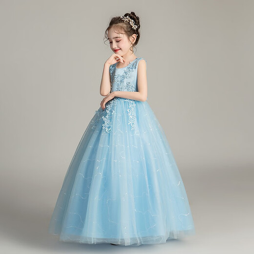 Dev Ake Vestido infantil Girl Falda Princesa Falda Anfitrión de piano de alta gama Performance de la noche Vestido de noche Boda de verano Big Boy BX683 Azul sin mangas larga 160 (recomendado 71-85 Jin [Jin iguala 0.5 kg])