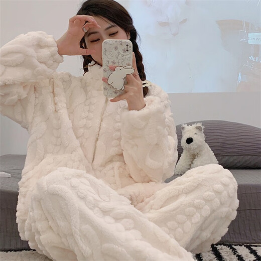 Fleece pajamas for women in autumn and winter warmth and thickened coral fleece home clothes cardigan zipper simple solid color flannel set HS983 m white jacquard zipper L
