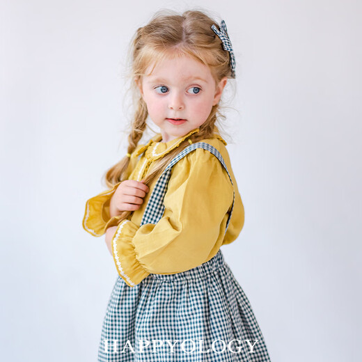 Happyology British children's shirts, girls' autumn tops, pure cotton long-sleeved earring lapel shirt, mustard yellow 86 (86cm)