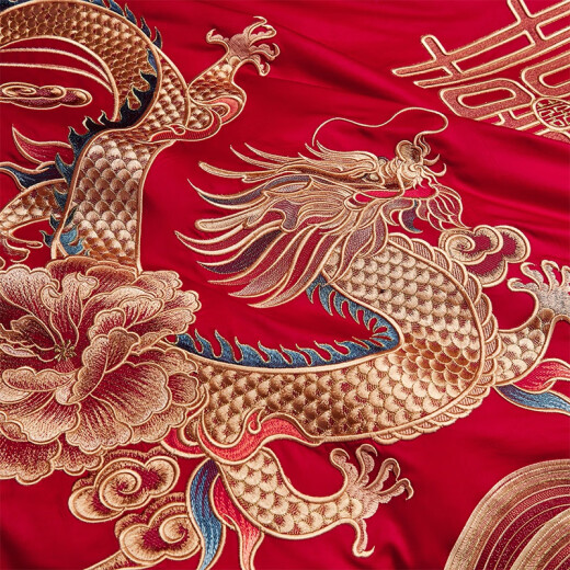 Suozhen 2024 wedding room bed four-piece set pure cotton red embroidery wedding set newlywed wedding eight-piece set dragon and phoenix congratulations 1.8 meters bed style four-piece set