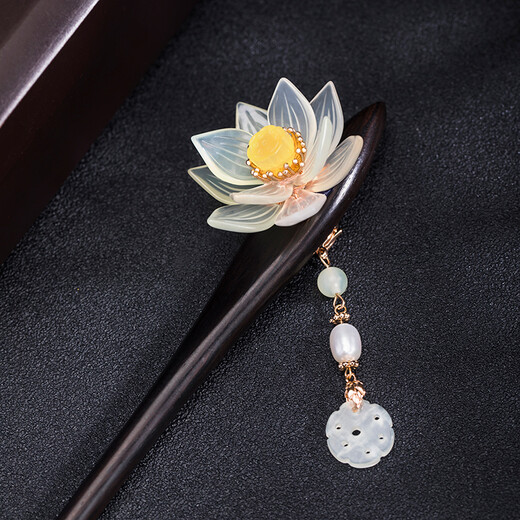 Meng Junchen's black sandalwood jade lotus hairpin, ancient style Hanfu hairpin, updo hairpin, step shaking tassel birthday gift for girlfriend, lotus tassel hairpin