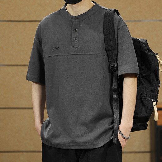 Ten Cranes American Retro Polo Shirt Men's Short Sleeve Loose Casual Half Sleeve Men's Summer Large Size Men's Henley Collar T-shirt Light Brown 2XL (160-180Jin Jin equals 0.5kg)