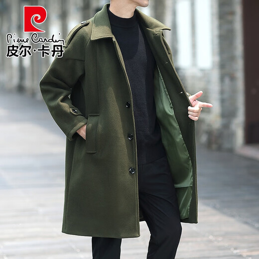 Pierre Cardin autumn and winter new trendy men's thickened mid-length windbreaker casual woolen coat loose and handsome woolen coat cotton black thickened M
