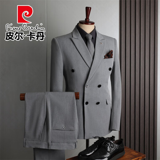 Pierre Cardin suit men's British style double-breasted professional formal business casual suit three-piece groom's wedding dress medium gray suit + pants XL 52 recommended 125-135Jin Jin equals about 0.5 kg