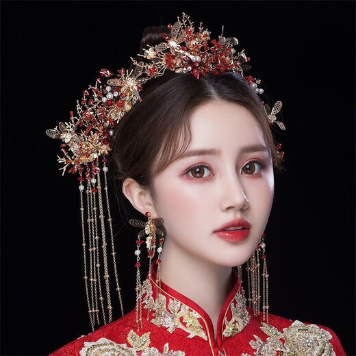 Haiyiduo bridal hair accessories, Xiuhe clothing headdress, wedding bride's tassel step, phoenix crown, Chinese wedding dressing gown, elegant and beautiful, model headdress set + ear hook style