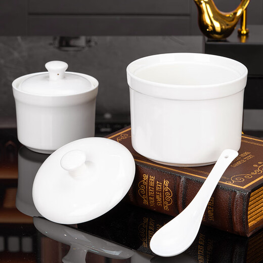 Guoyue Jingdezhen bone china pure white stew pot, underglaze color ceramic steamed egg bowl with lid, household bird's nest supplement thermal insulation stew pot, 1 pure white 5-inch stew pot